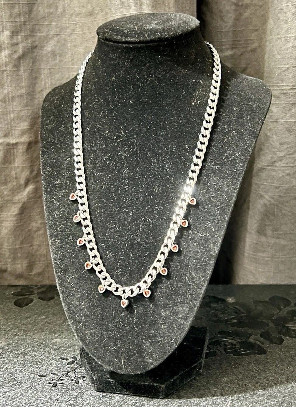 Dalmata Leti Chain Silver-Tone Curb Link Necklace Red Heart Dangles